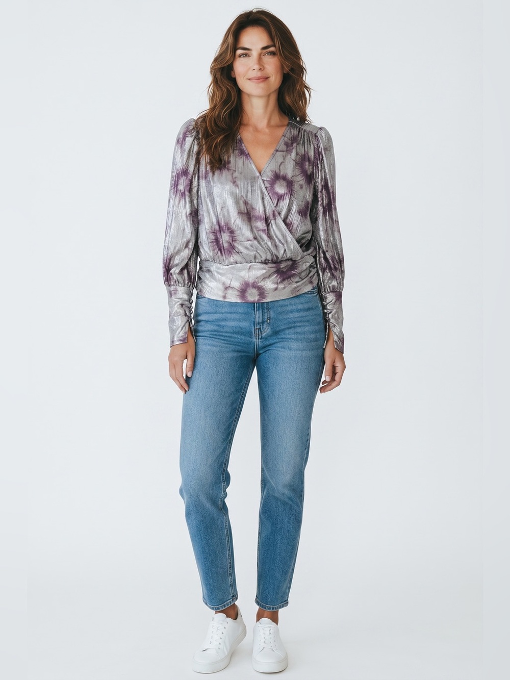 Maison d’Amelie Long Sleeve Metallic Floral Blouse // Silver // Small